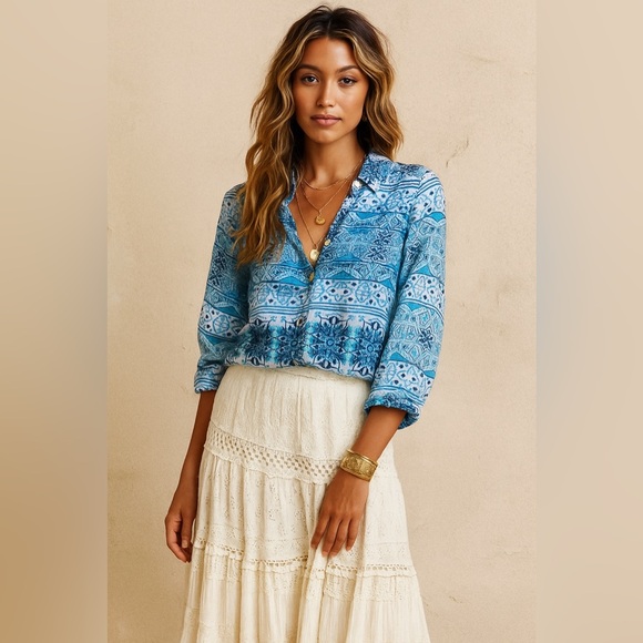 Charter Club Tops - Charter Club Luxury Linen Button Down Long Sleeve Top Blue Large Petite